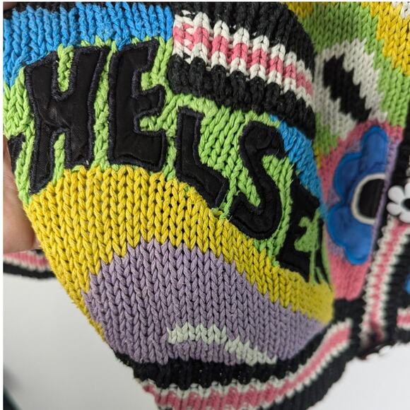 Vintage No Jeans Sweater Cardigan Jacket Graphic Patches Hip Hop Flower Power - Picture 11 of 14